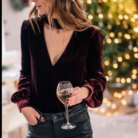 Paige Tamar Velvet Top Size Medium Dark Rouge Choker Mock Neck Keyhole Cutout - Picture 1 of 9